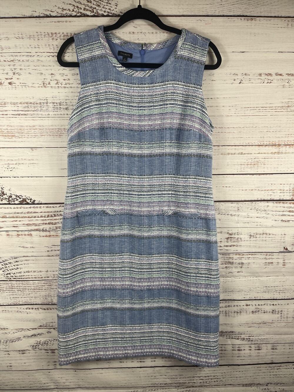 Talbots Dress Women's SZ 8 Blue Striped Tweed Sleeveless Sheath Knee Length Work